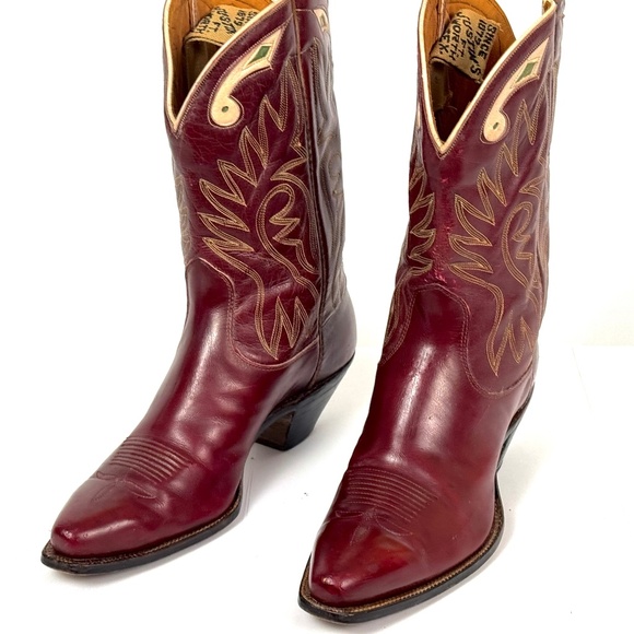 Justin Burgundy 50's Pee Wee Cowboy Boots - Womens Size 6.5B Inlaid Cloth Pulls - Picture 7 of 16
